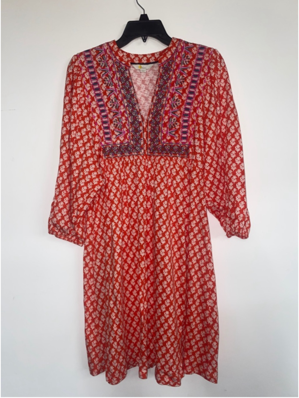 Boden Red and White Blouson Sleeve Embroidered Dress - knee length size 6